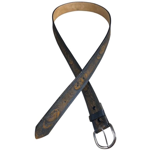 Genuine Leather Brown Tooled Belt Size 42 Fisherman Outdoors Northern Bass Pole - Picture 1 of 11